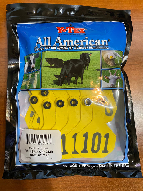 Y-Tex AA Bag of Medium 3* Pre-Numbered Tags With Buttons (100/bag)