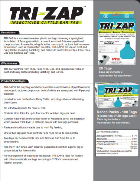 Y-Tex Insecticide Box of TRI-ZAP Blank Tags With Buttons (100/box) - Synergized Combination of Pyrethroid and Macrocyclic Lactone