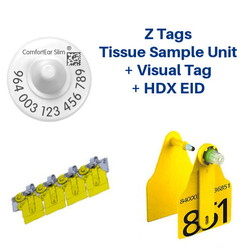 Z-Tag TSU Bag of MF13 Cattle Tissue Sampling Units Paired With A Numbered 1 Side Ear Tag And Matched ComfortEar F4S 964 HDX Button (4/bag)