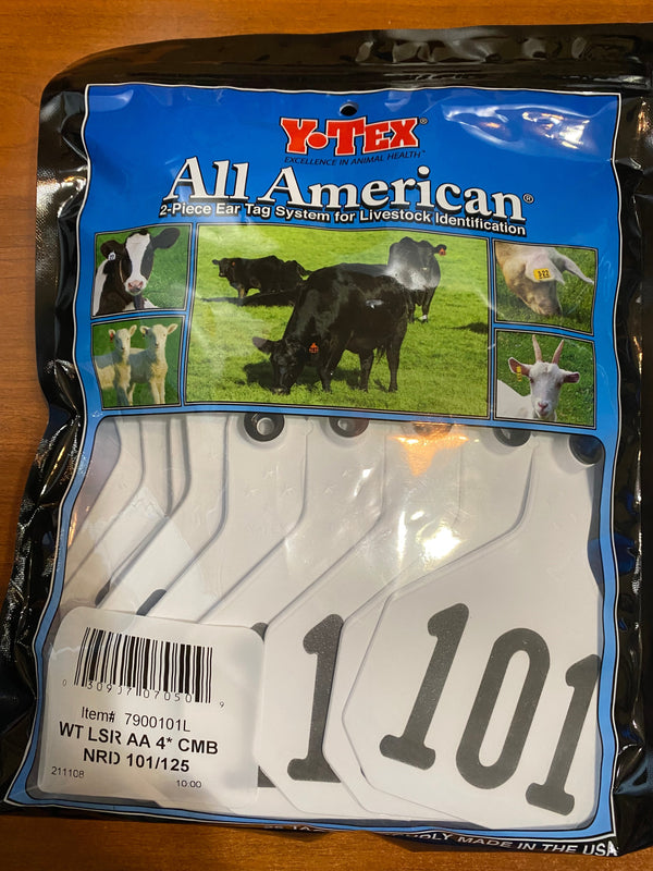 Y-Tex AA Bag of Large 4* Pre-Numbered Tags With Buttons (100/bag)