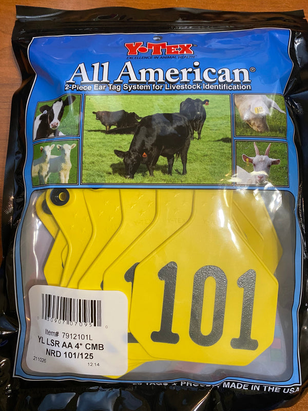 Y-Tex AA Bag of Large 4* Pre-Numbered Tags With Buttons (100/bag)